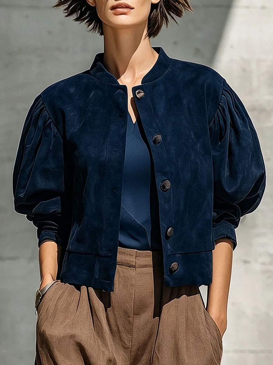Chic Faux Suede Cropped Jacket With Puff Sleeves
