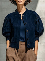 Chic Faux Suede Cropped Jacket With Puff Sleeves