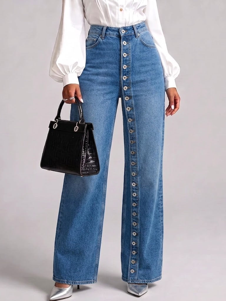 High‑waist Full‑button Front Wide‑leg Jeans