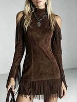 Striking Emerald Faux Suede Cold-Shoulder Fringe Dress