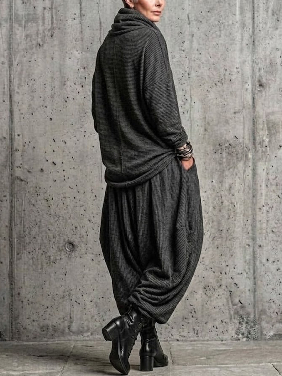 Two-piece Set Featuring A Pinstriped, Drop-shoulder Top With A Gathered High Neck And Harem-style Lantern Pants.