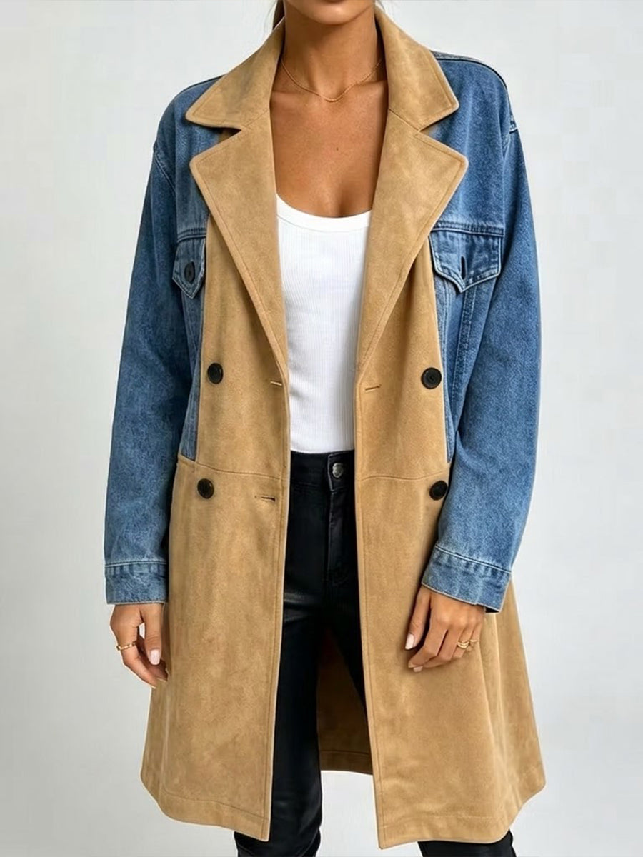 Relaxed-fit Mid-length Denim Trench Coat With Faux Suede Paneling