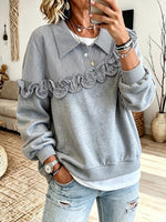 Casual Cotton Sweatshirt With Striped Ruffle Panels