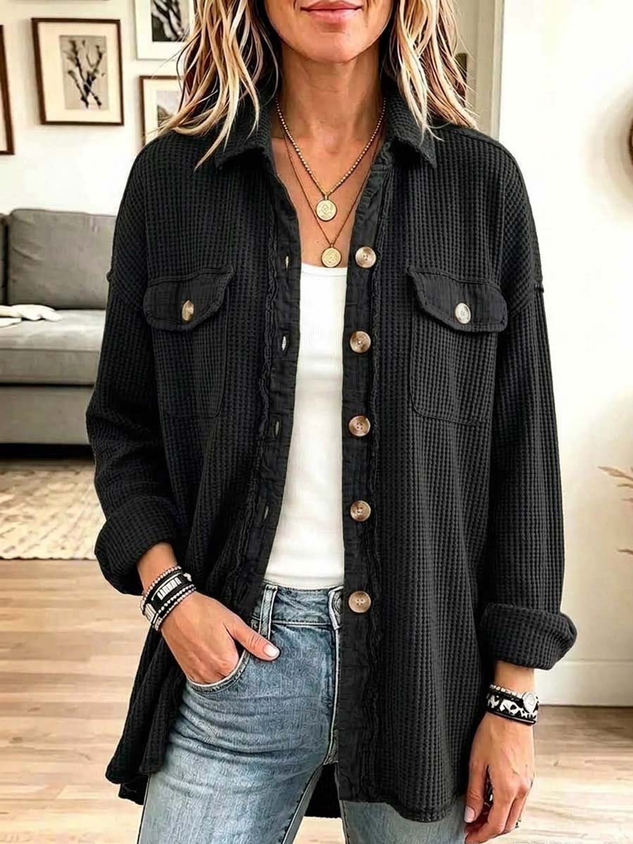 Women's Solid Color Collared Long-sleeved Casual Loose Waffle Shirt