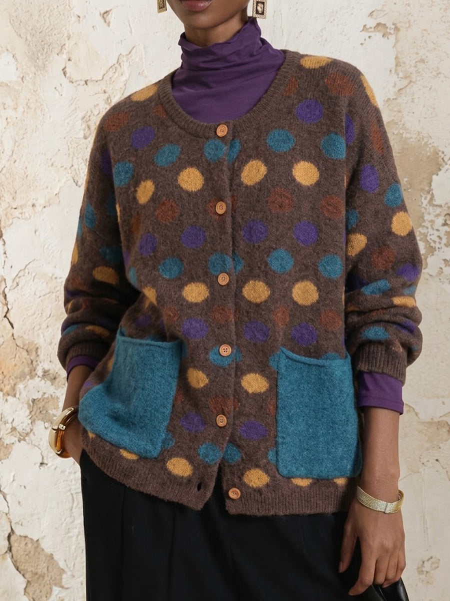 Loose-fit Knit Cardigan Featuring A Crew Neck, Contrasting Color Details, And Colorful Polka-dot Pockets