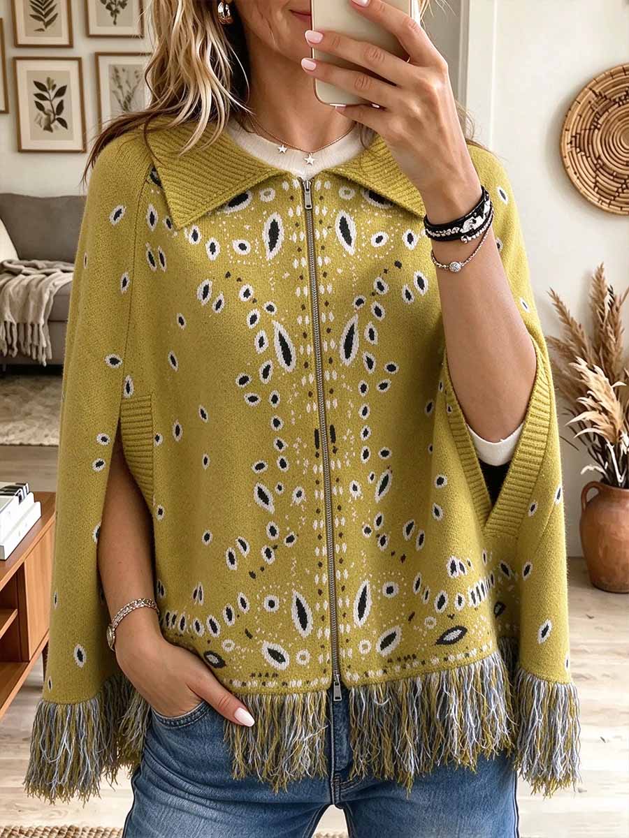 Mustard Yellow Abstract Print Zip-up Fringed Poncho