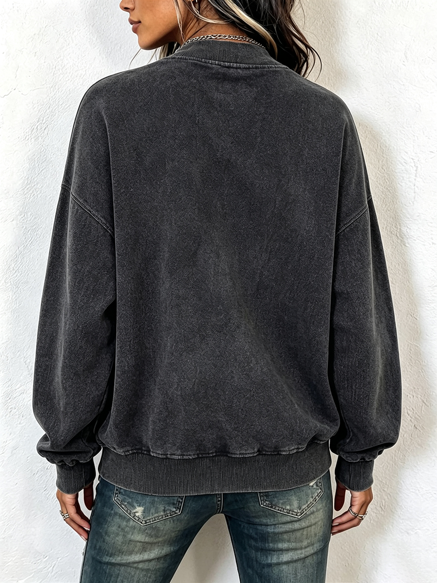 Edgy Vintage-washed Cotton Asymmetric Zip Sweatshirt