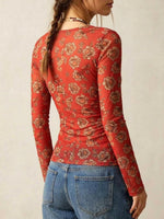 Women's Boho Floral Print V-Neck Button Down Ruched Top