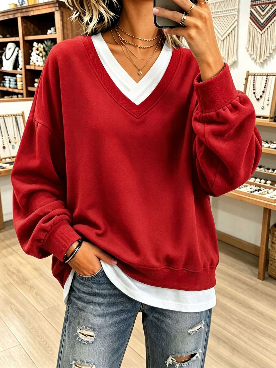 cozy irregular V-neck layered oversized sweatshirt