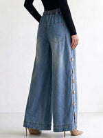 Women's Wide Leg Drawstring Denim Pants With Side Buttons