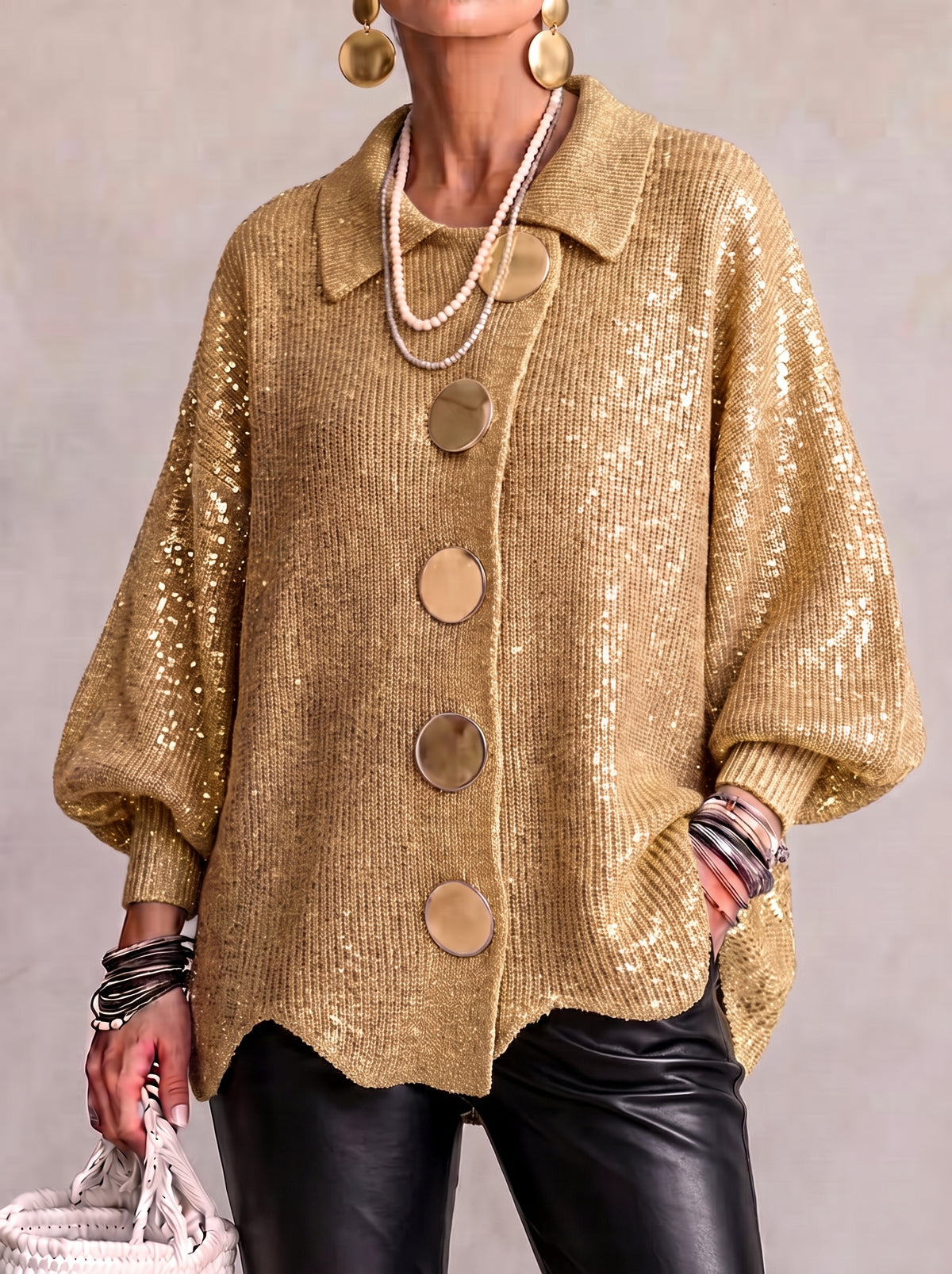 Oversized Collared Knit Cardigan With Large Metal Buttons