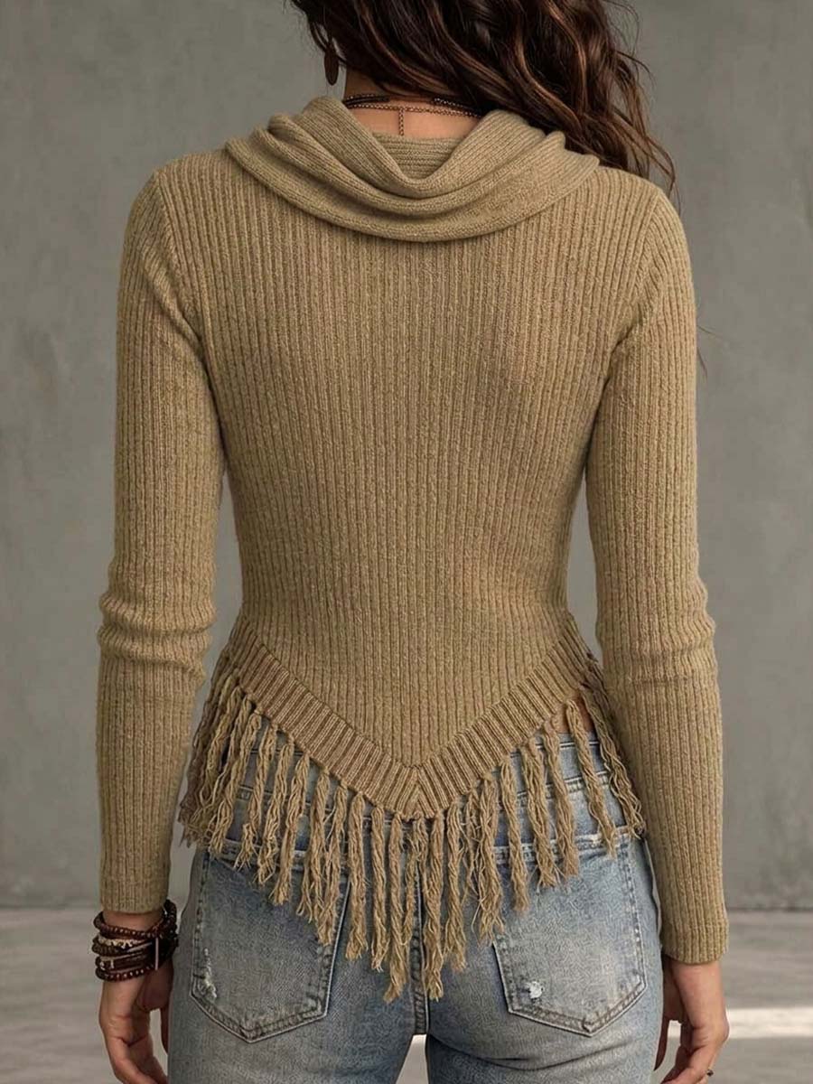 Women's Ribbed Knit Cowl Neck Fringed Asymmetrical Top
