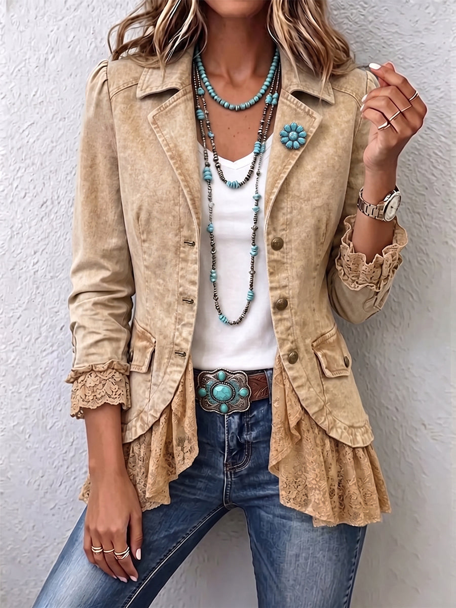 Vintage Wash Denim Lace-Trimmed Peplum Jacket