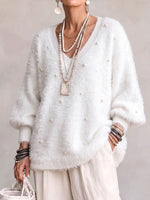 Women's Solid Color V-neck Long-sleeved Casual Loose Beaded Sweater