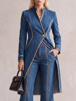 Women's Stand Collar Long Sleeve Casual Loose Denim Long Jacket