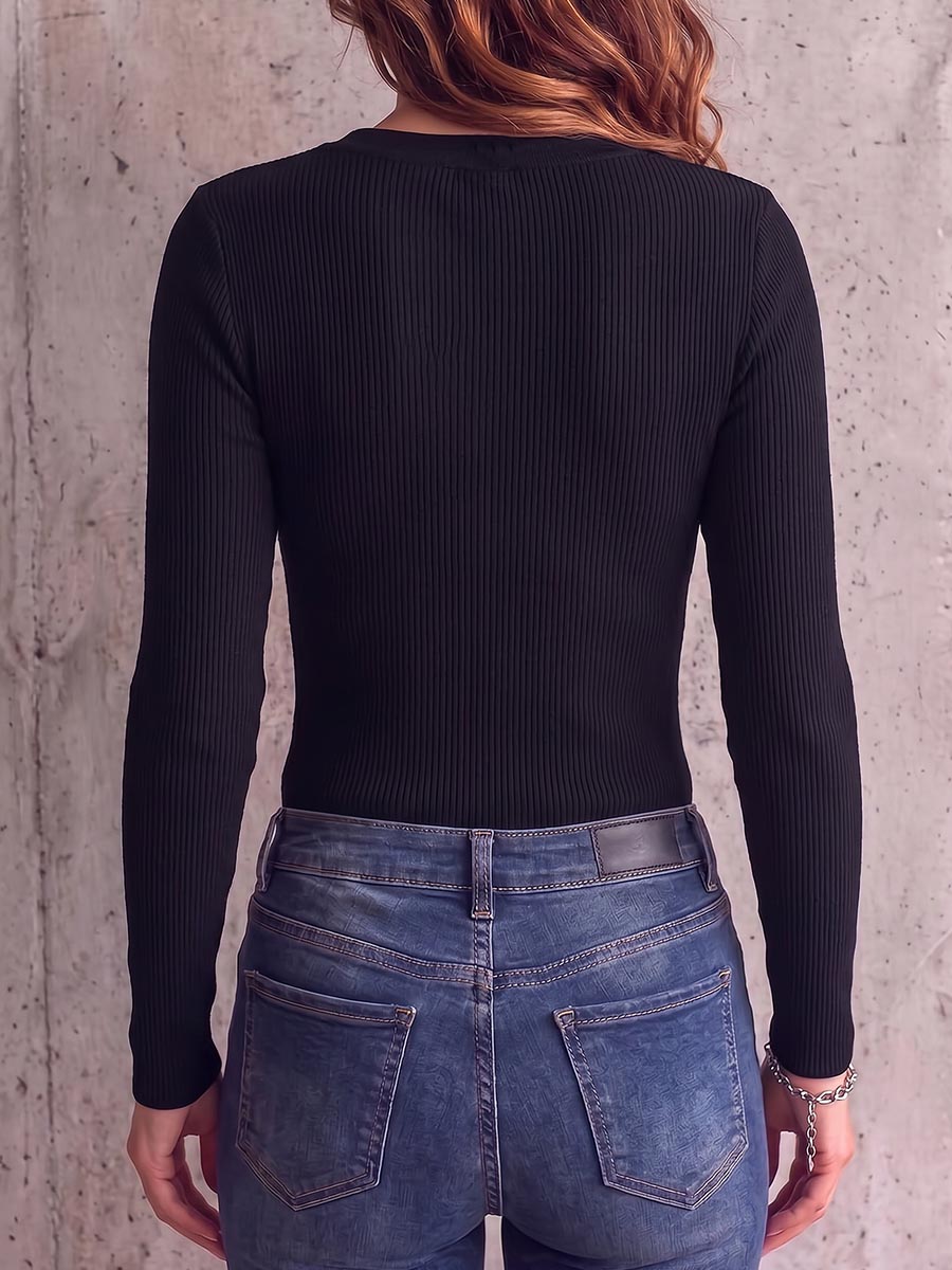 Women's Solid Color V-neck Long Sleeve Casual Loose Knitted Pullover