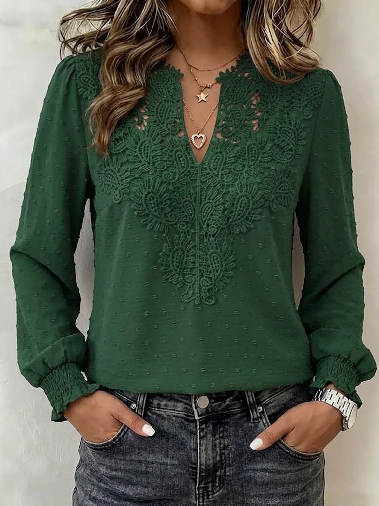 V-neck Long-sleeve Shirt With Lace Jacquard And Elastic Cuffs