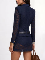 Women's Solid Color Lace Suit Dress With Turn-down Collar Long Sleeves, Casual Loose Fit