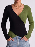 Women's Color-blocked V-neck Long-sleeve Casual Loose Knit Top