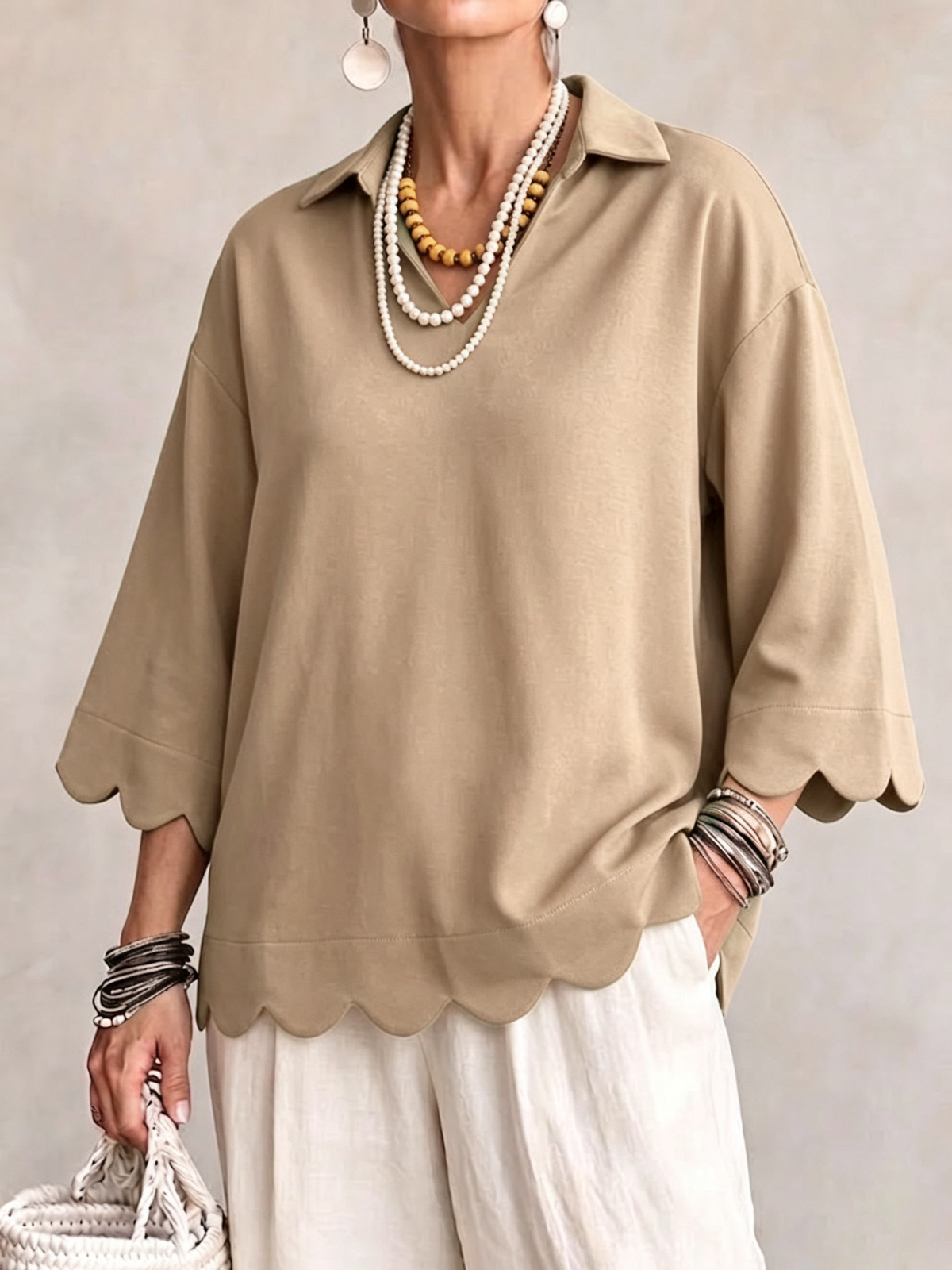 Scallop‑trim Lapel Collar 3/4 Sleeve Relaxed Top