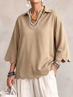 Scallop‑trim Lapel Collar 3/4 Sleeve Relaxed Top