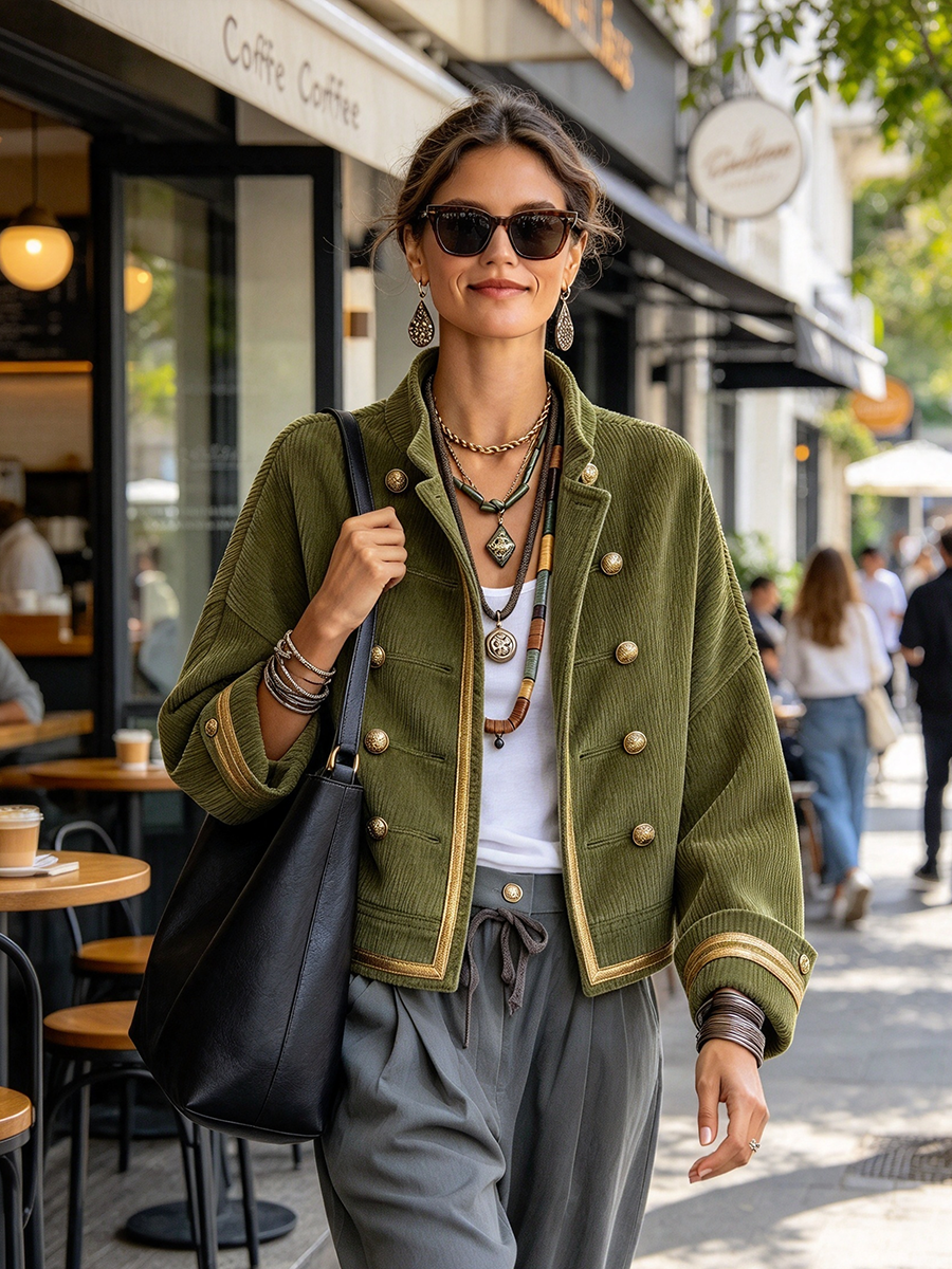 Casual Chic Retro Corduroy Military Cropped Jacket