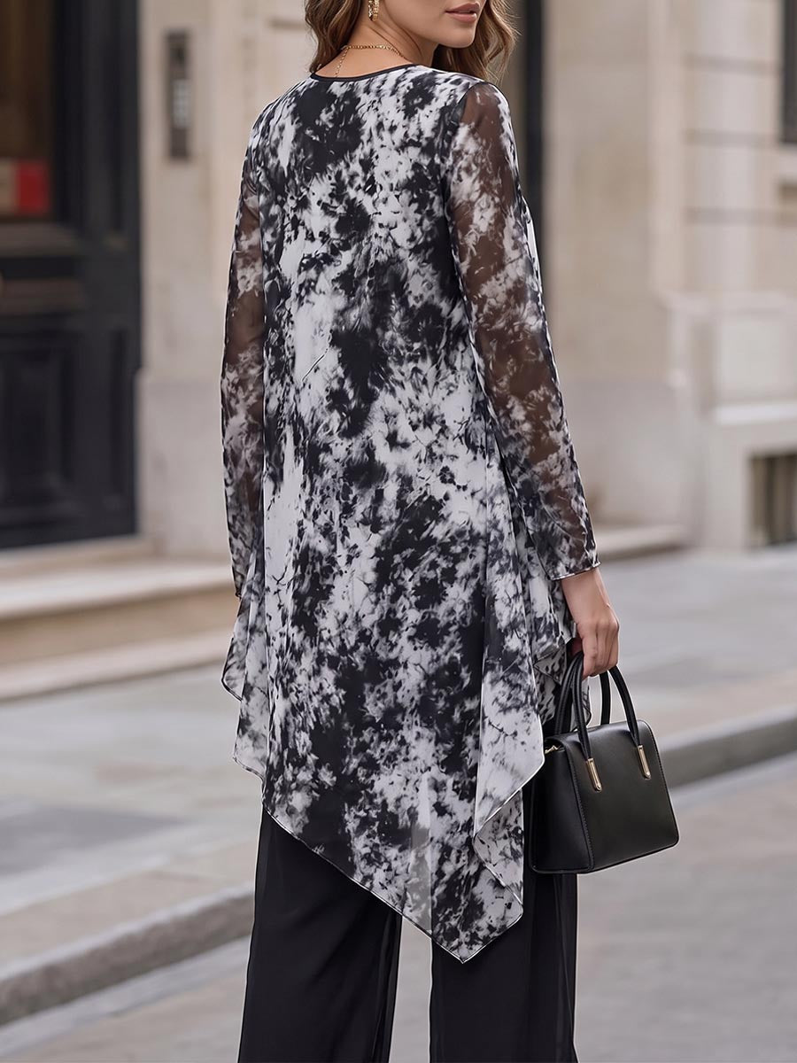 Women's Abstract Print Round Neck Long Sleeve Casual Loose Chiffon Top