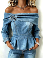 Vintage Rose Off-Shoulder Denim Peplum Top