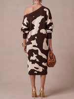 Women's Abstract Print Off-shoulder Neck Long Sleeve Casual Loose Knit Dress