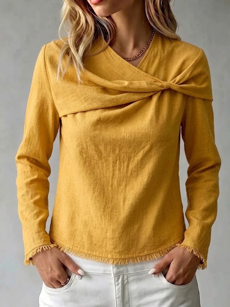 Raw-edge Cotton-linen Blend Long-sleeve Wrap Top With Twisted V-neck