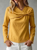 Raw-edge Cotton-linen Blend Long-sleeve Wrap Top With Twisted V-neck