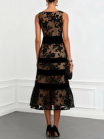 Elegant Floral Lace And Velvet-striped Midi Dress