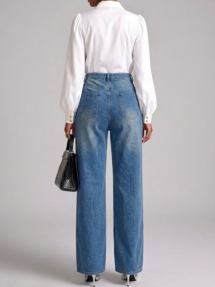 High‑waist Full‑button Front Wide‑leg Jeans