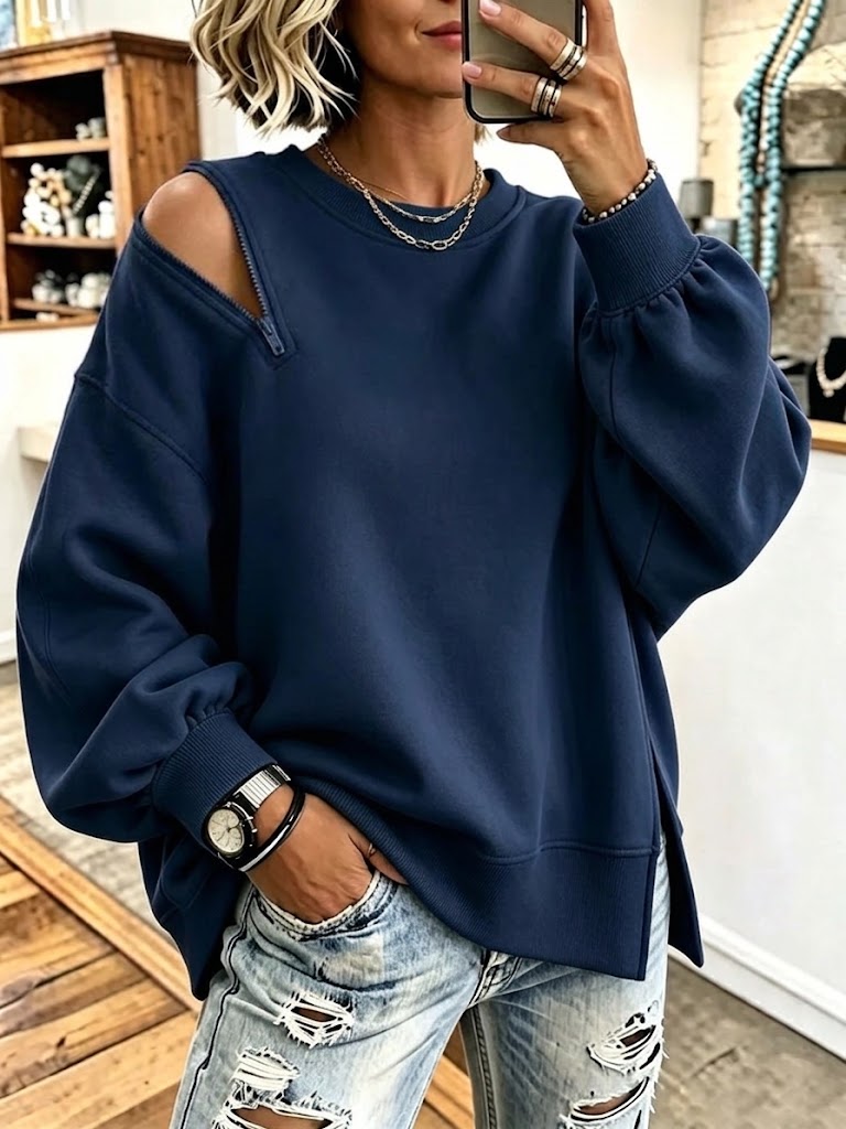 One-shoulder Sweatshirt With A Side Zipper And Lantern Sleeves