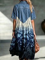 Denim Spliced Gradient Floral Shirt Maxi Dress