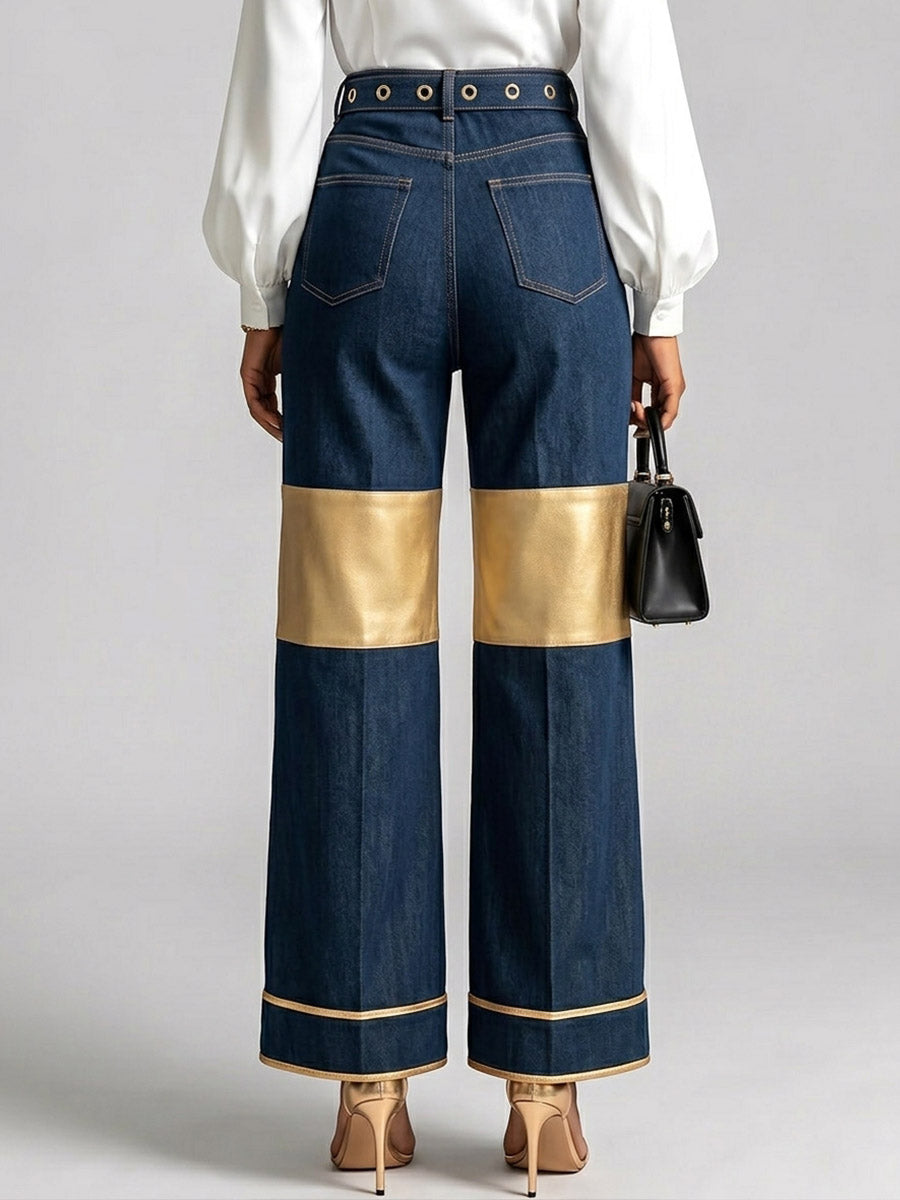 Women's High-waisted Casual Loose Denim Patchwork Wide-leg Pants