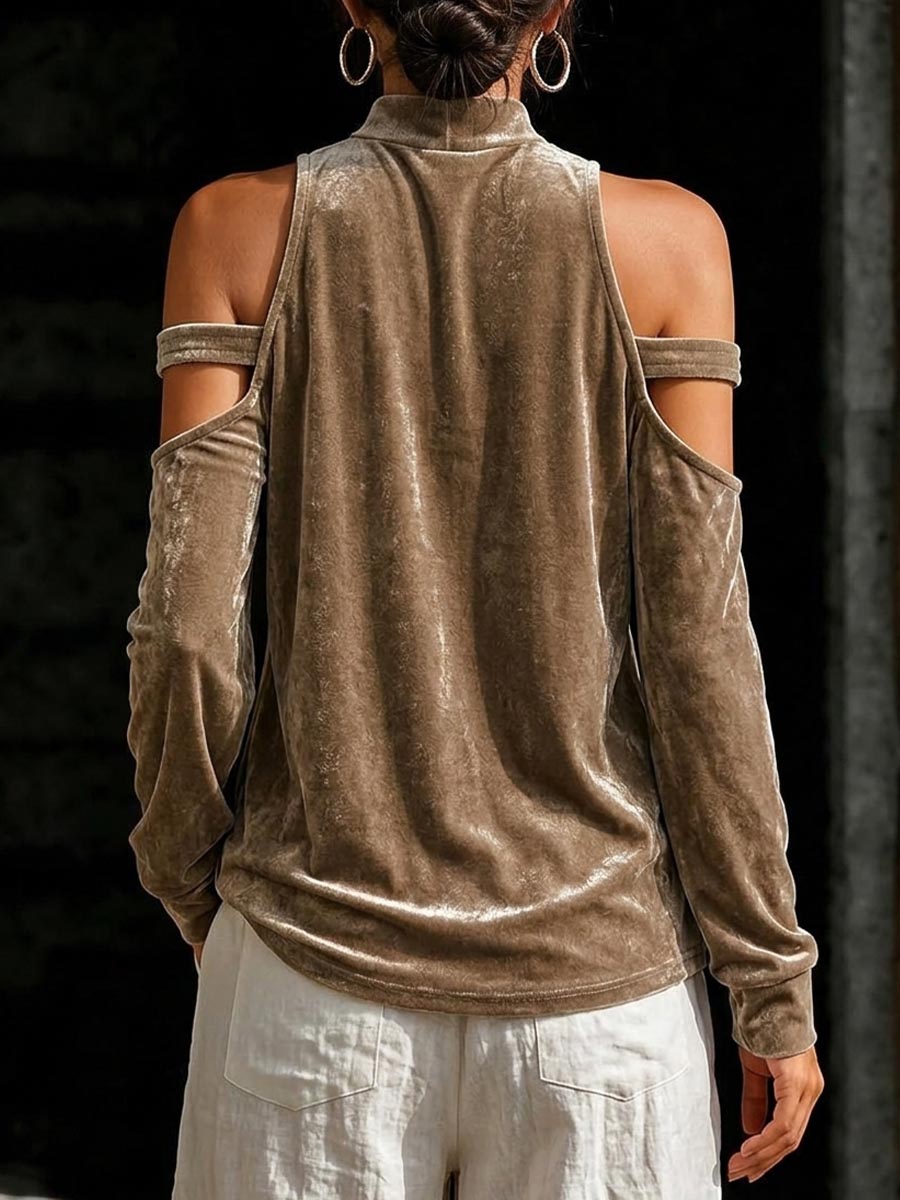 Women's Velvet Mock Neck Cold Shoulder Long Sleeve Top
