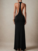 Women's Backless Halter Maxi Dress with High Thigh Slit