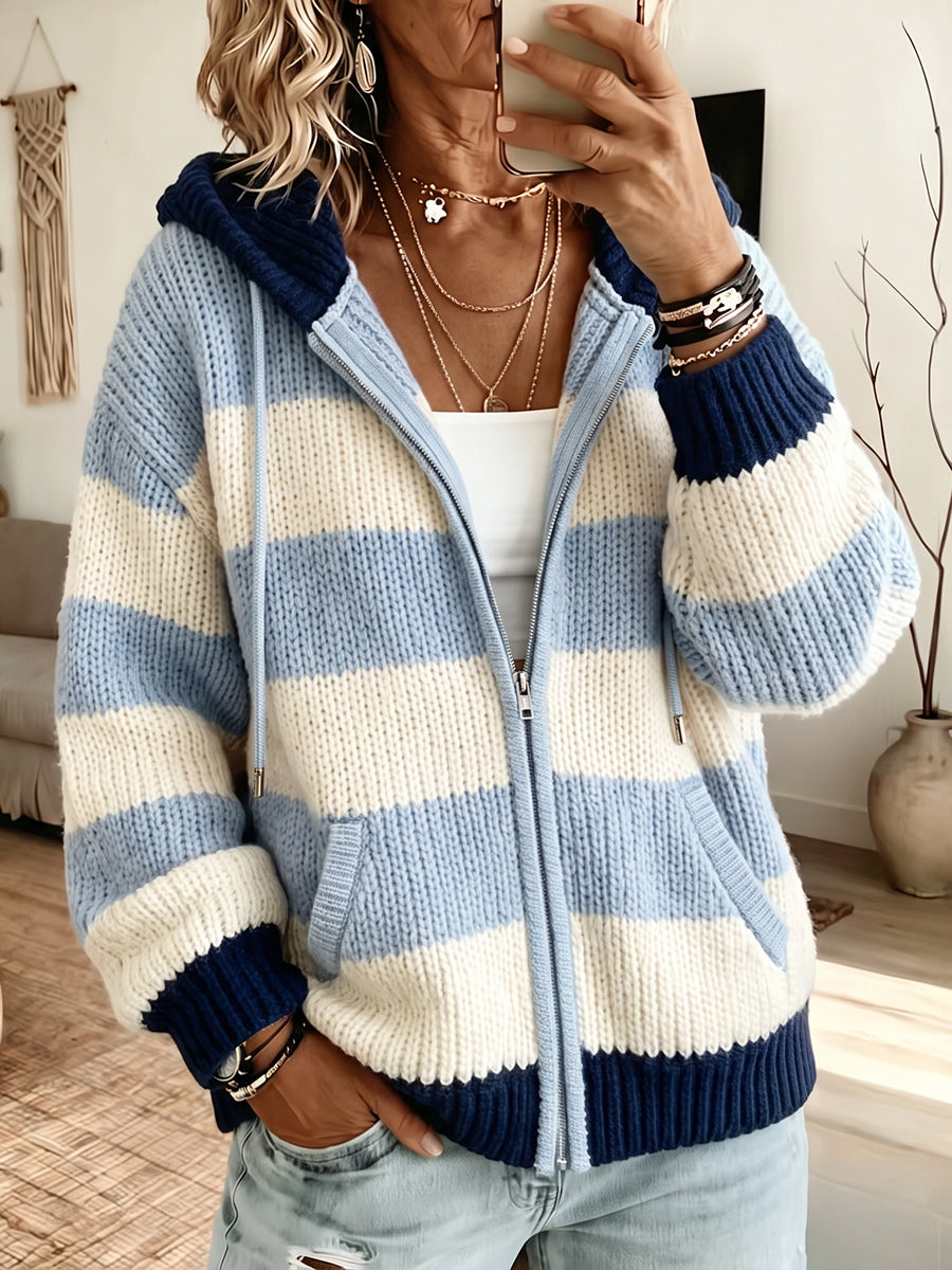 Cozy Striped Hooded Knit Cardigan