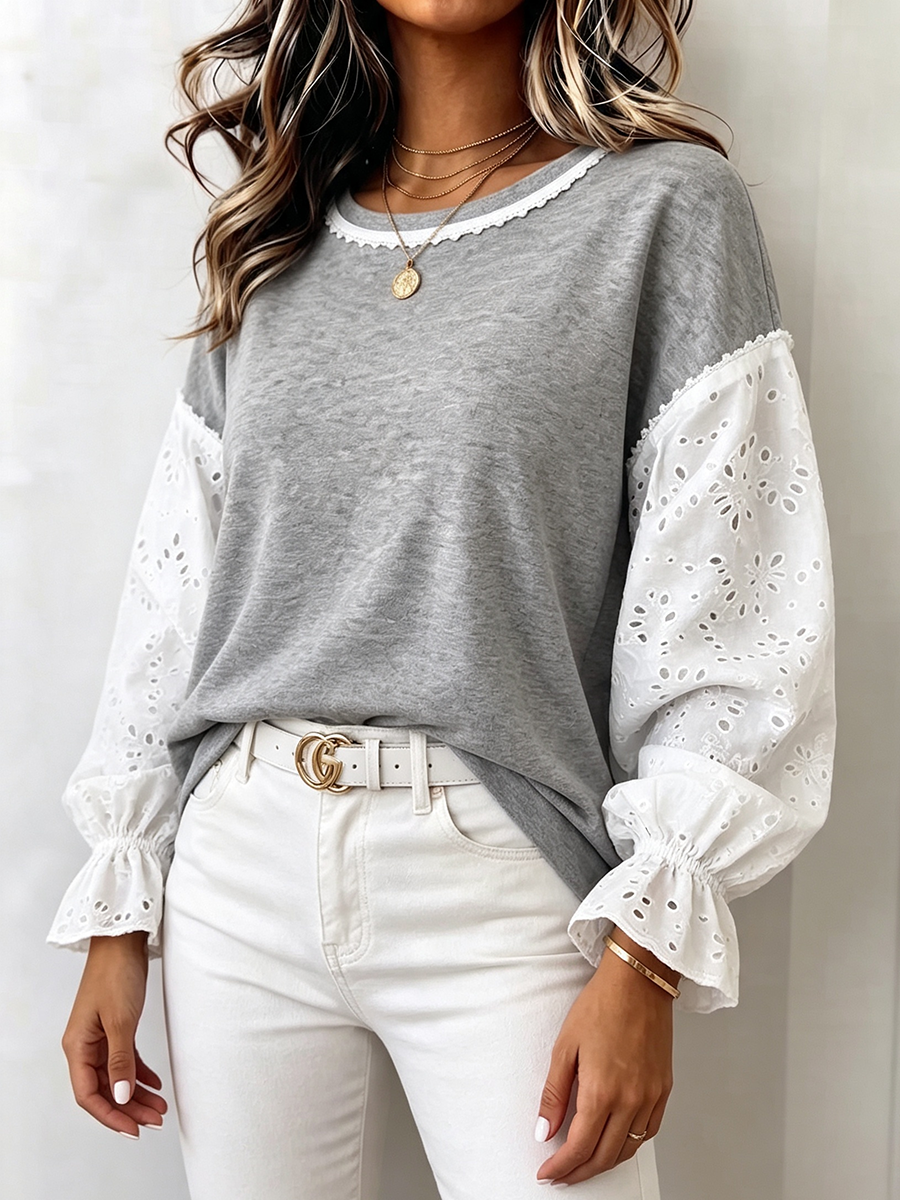 Retro Casual Lace Puff Sleeve Sweatshirt