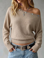 Off-shoulder Loose-fit Knit Sweater With Button Detail