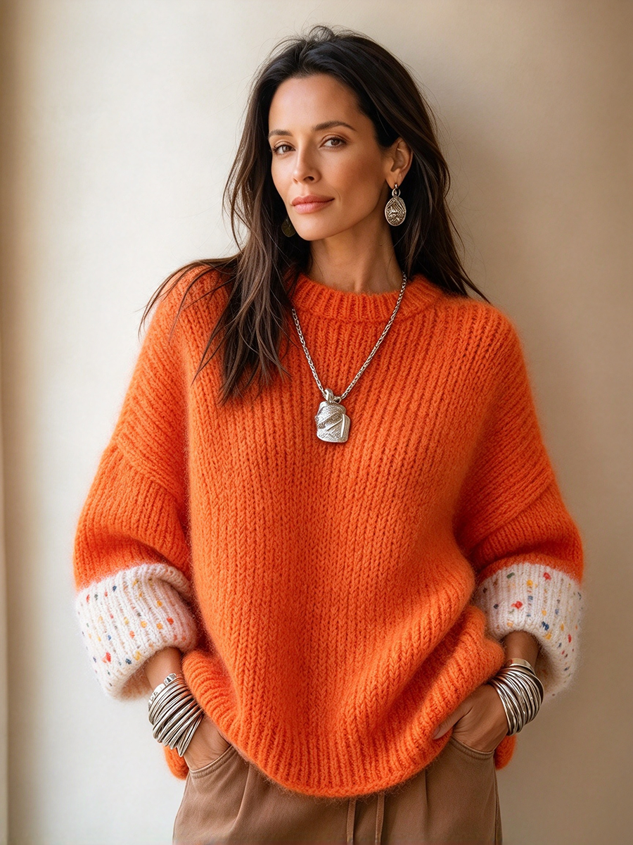 Vibrant Orange Contrast Speckled Cuffs Chic Oversized Knit Sweater