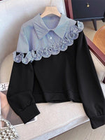 Casual Cotton Sweatshirt With Striped Ruffle Panels