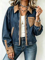 Casual Cropped Denim Jacket With Faux Suede Paneling And Zip Fastening