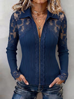 Elegant Lace-Paneled Ribbed Zip-Up Top