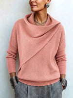 Wrap-style Slouchy-neck Drop-shoulder Long-sleeve Knit Pullover