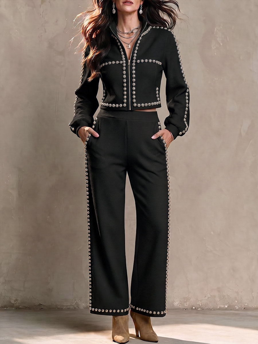 Women's Stand Collar Long Sleeve Casual Loose Beaded Top And High Waist Wide Leg Pants Beaded Set