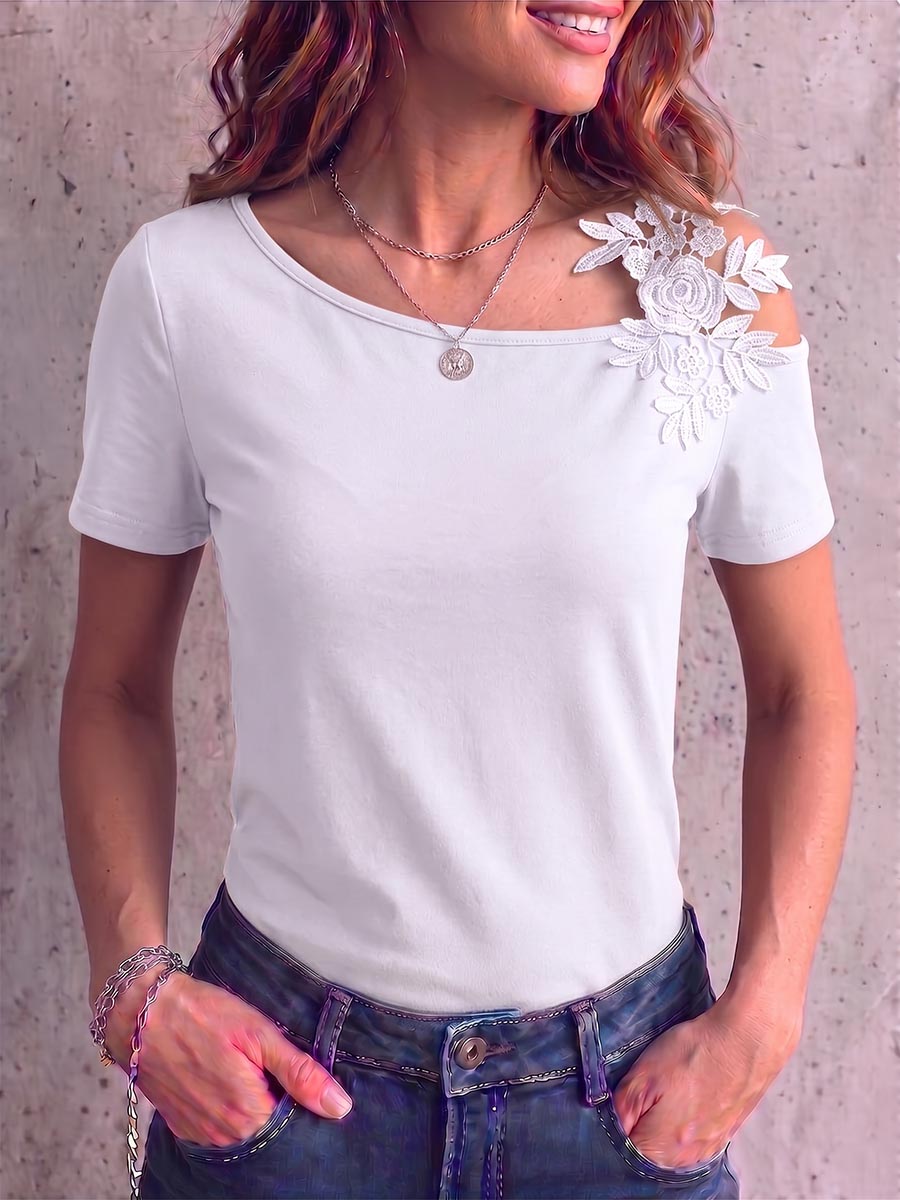 Women's Solid Color Off-shoulder Short-sleeved Embroidered Patchwork Top