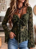 Retro Floral Sheer Bell-Sleeve Tie-Front Top