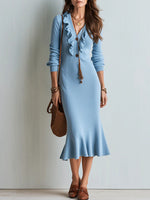Cozy Ruffled V-neck Cotton Knit Fishtail Midi Skirt